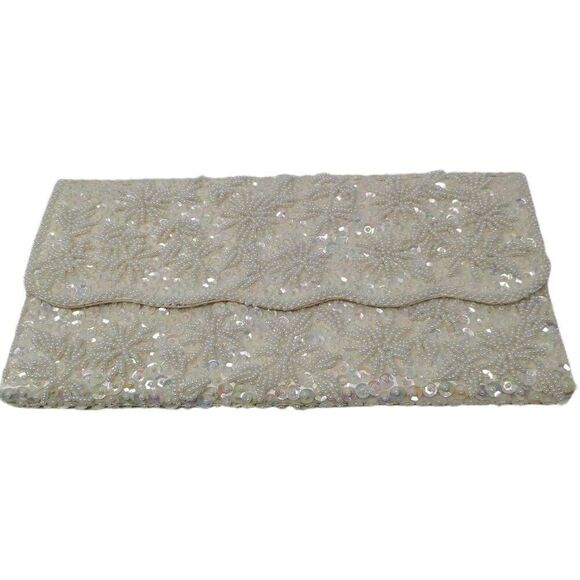 Vintage Iridescent Cream Hand Embellished Beaded Clutch | 1950s-1960s - Picture 1 of 4